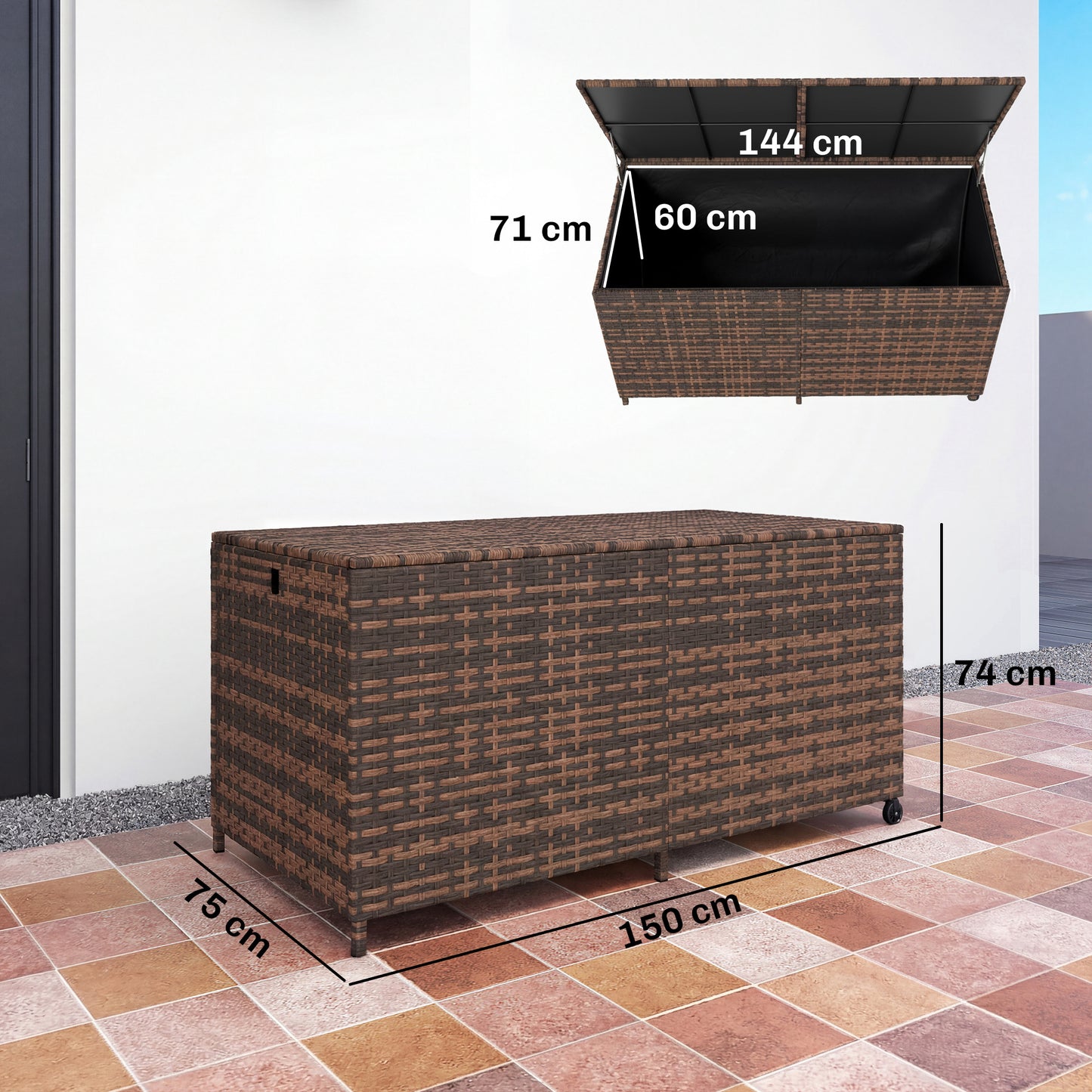 650L Garden Storage Box with Wheels, Waterproof Liner, Mixed Brown