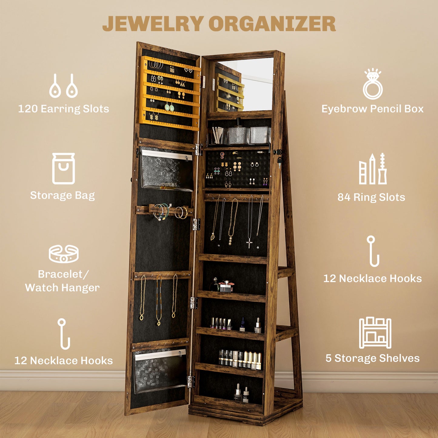 Jewelry Cabinet Full Length Mirror Swivel Lockable Jewelry Organiser