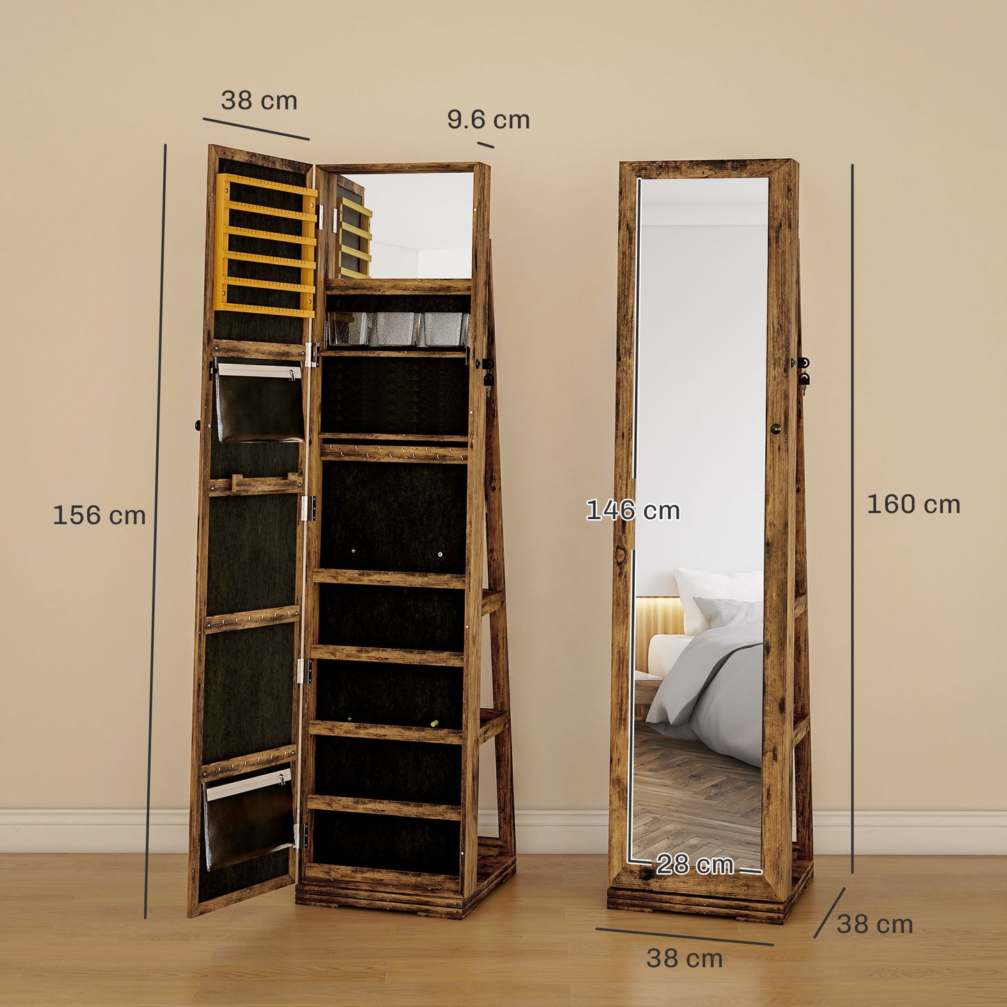 Jewelry Cabinet Full Length Mirror Swivel Lockable Jewelry Organiser