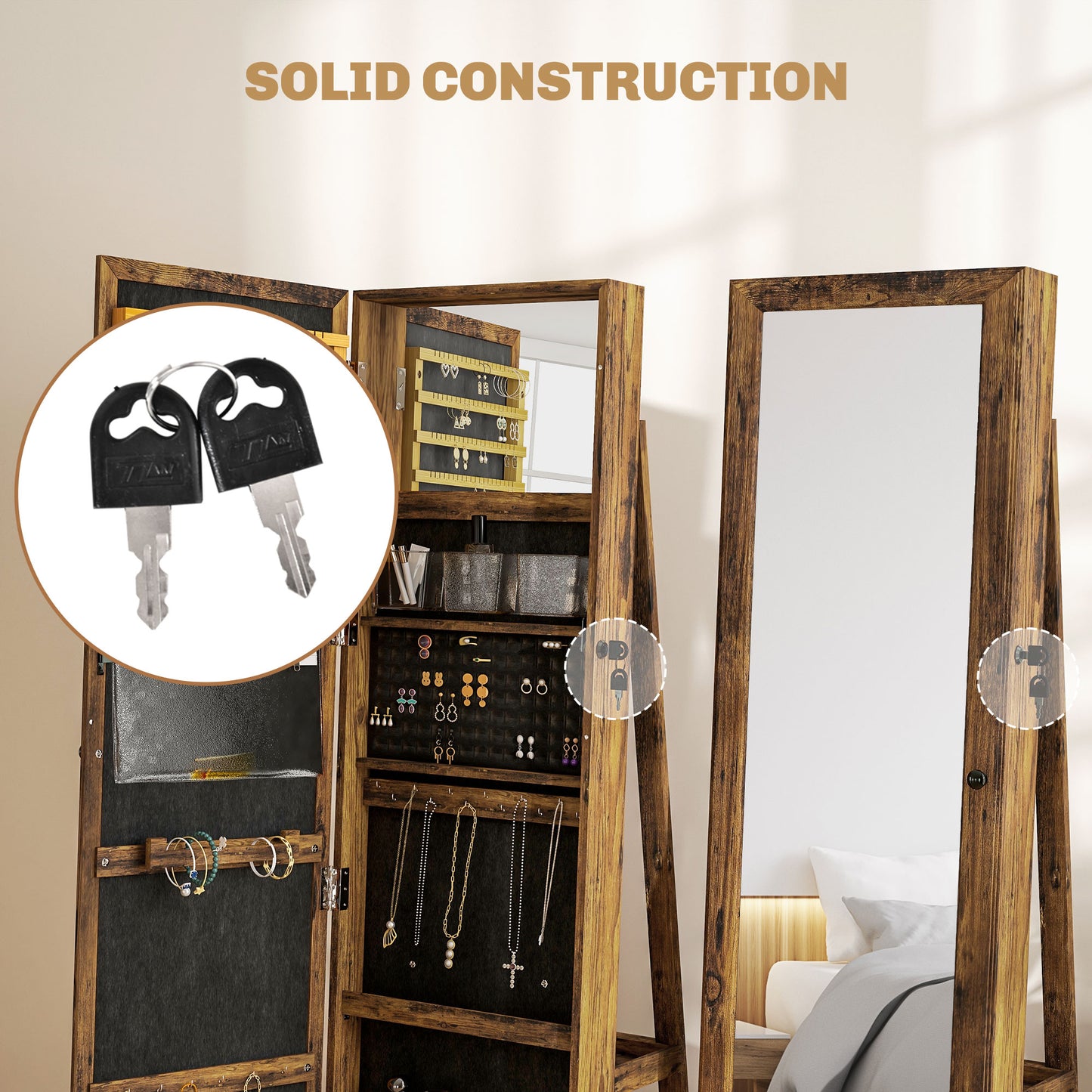 Jewelry Cabinet Full Length Mirror Swivel Lockable Jewelry Organiser