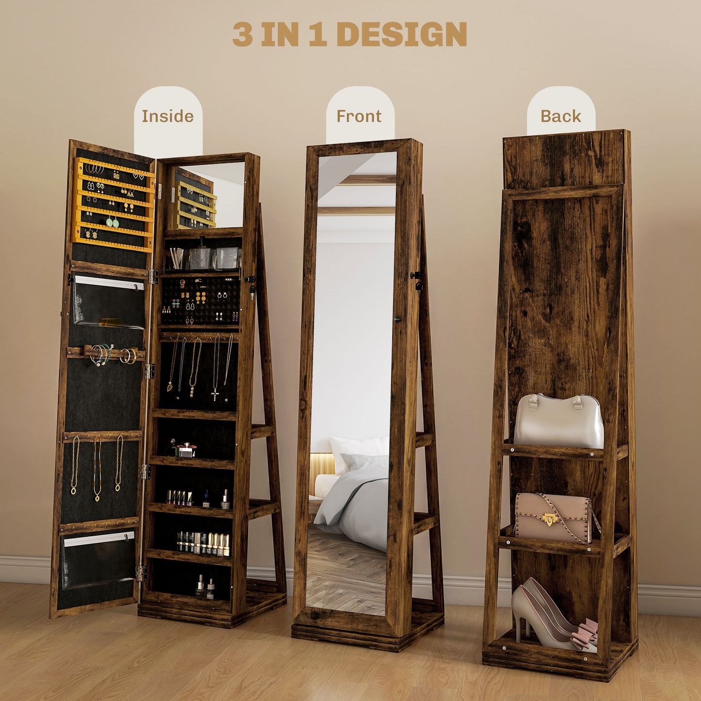 Jewelry Cabinet Full Length Mirror Swivel Lockable Jewelry Organiser