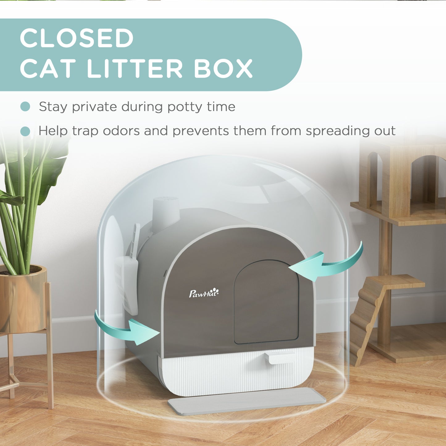 Cat Litter Box Kitten Litter Tray w/ Lid, Scoop, Filter, Flap Door, Grey
