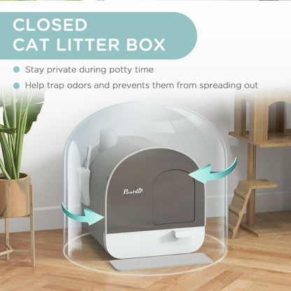 Cat Litter Box Kitten Litter Tray w/ Lid, Scoop, Filter, Flap Door, Grey