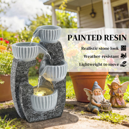 4-Tier Bowl Water Feature, Outdoor Water Fountain with LED Lights