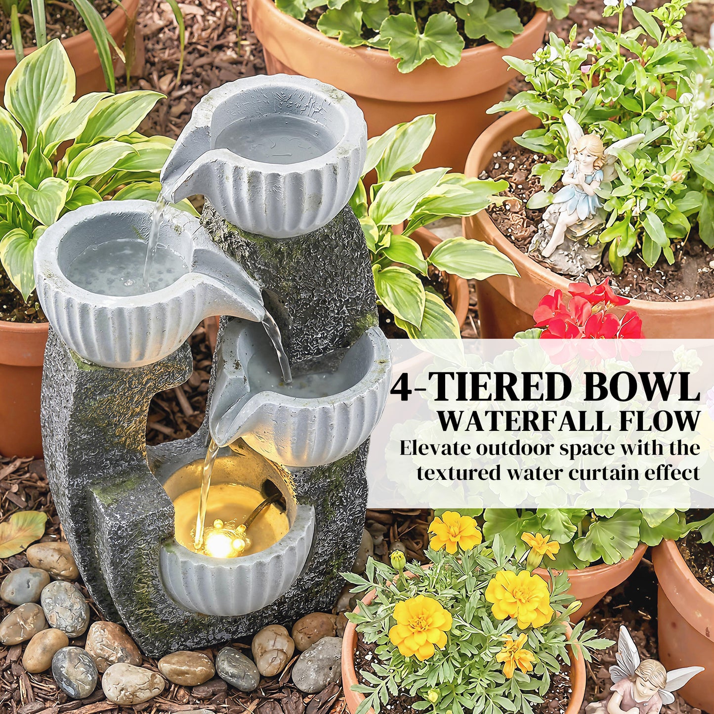 4-Tier Bowl Water Feature, Outdoor Water Fountain with LED Lights