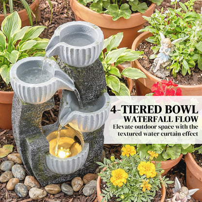 4-Tier Bowl Water Feature, Outdoor Water Fountain with LED Lights
