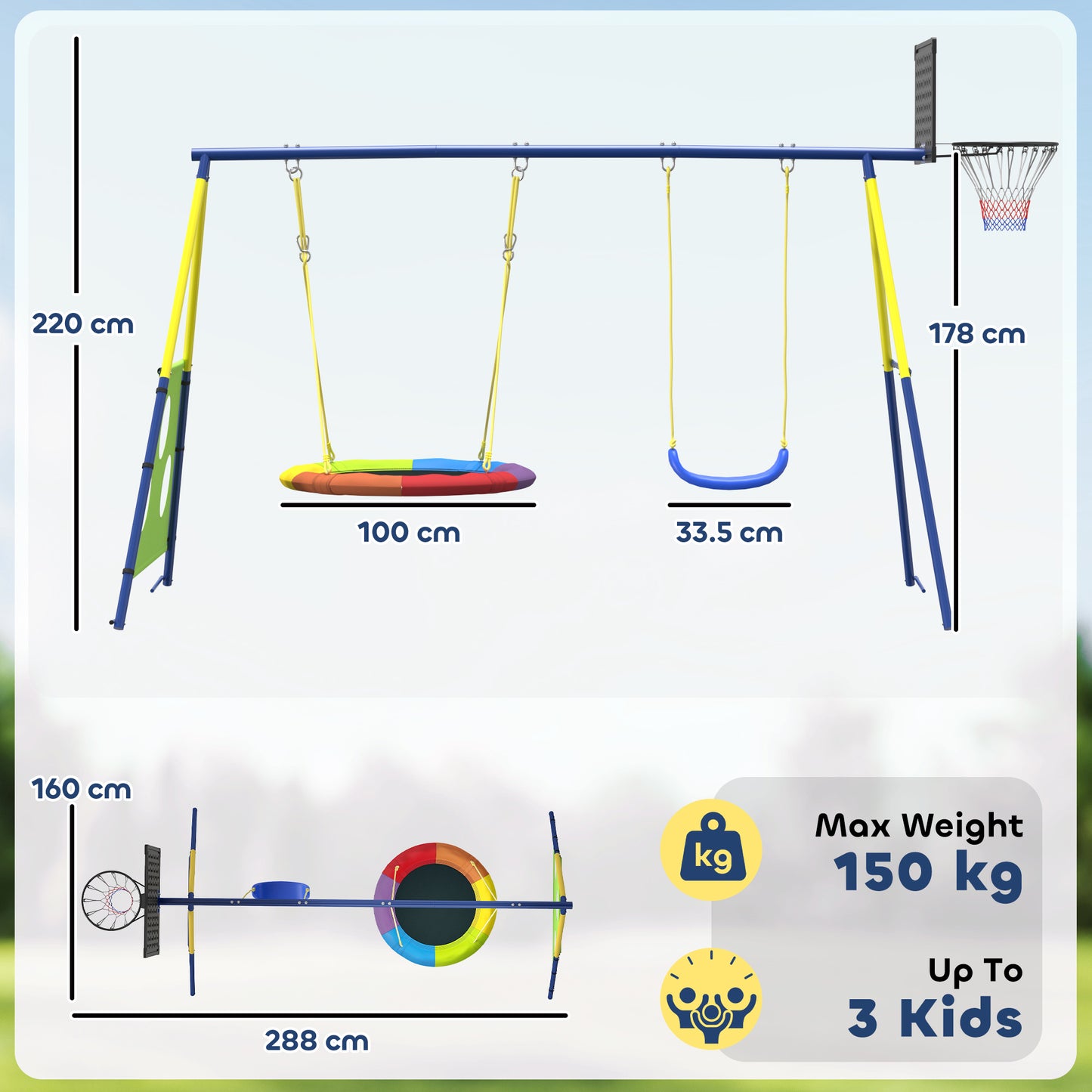 4-in-1 Kids Swing Set with Swing, Basketball Hoop, Football Goal