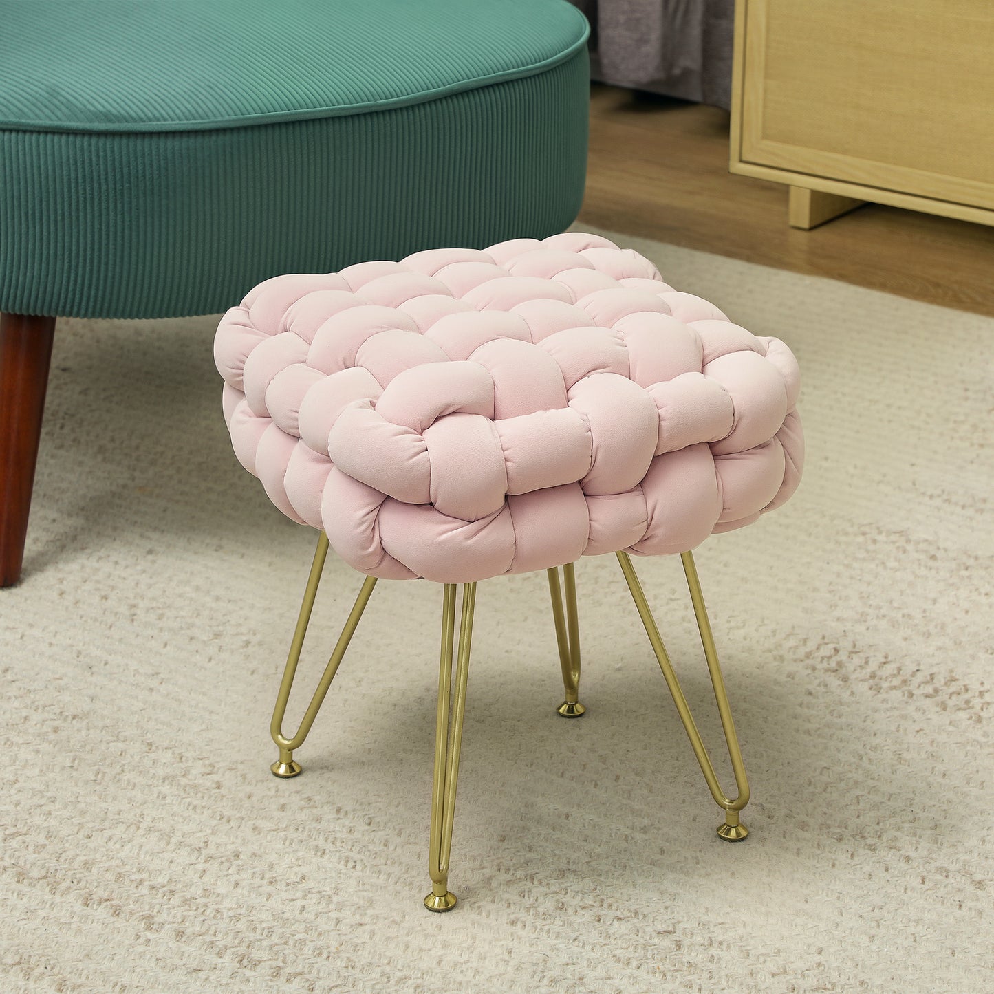 Woven Velvet Foot Stool with Steel Legs for Living Room, Pink