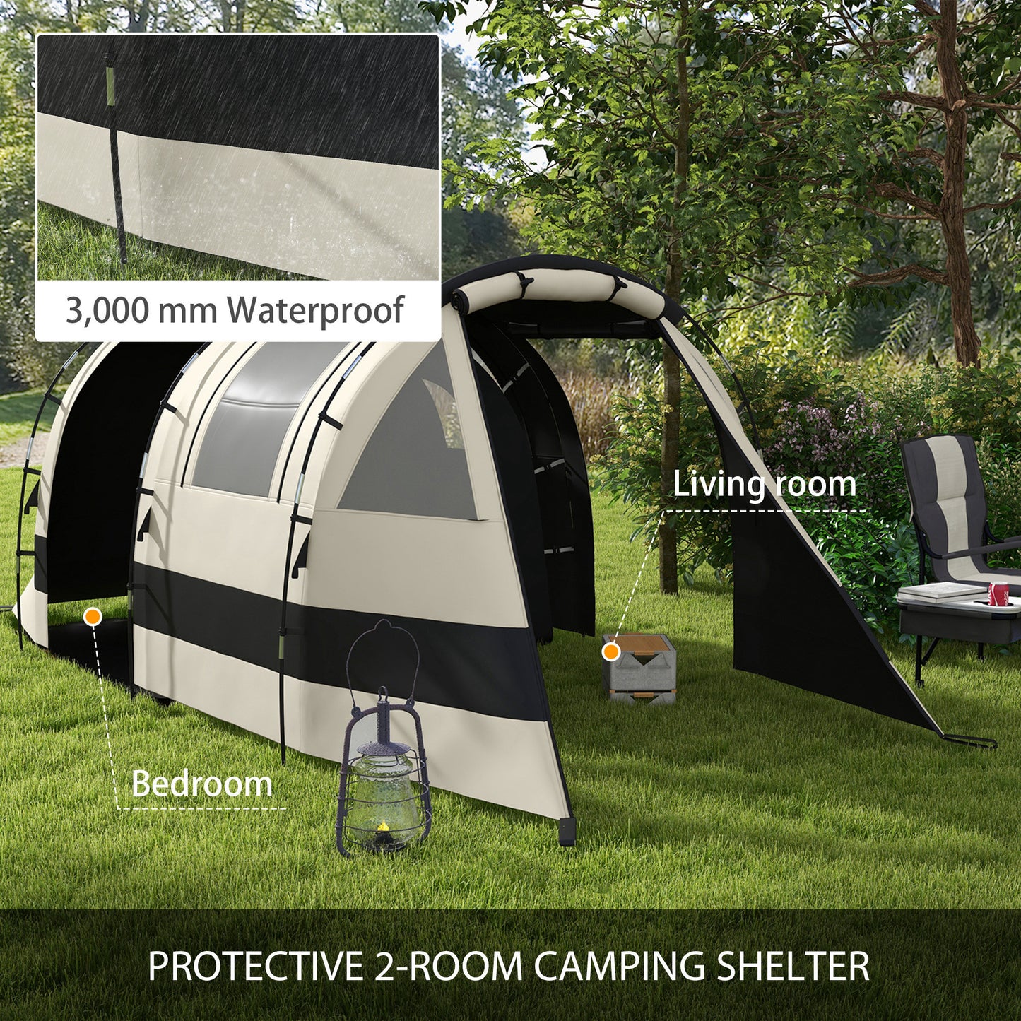 Blackout Camping Tent with Bedroom & Living Room for 4-5 Person, Khaki