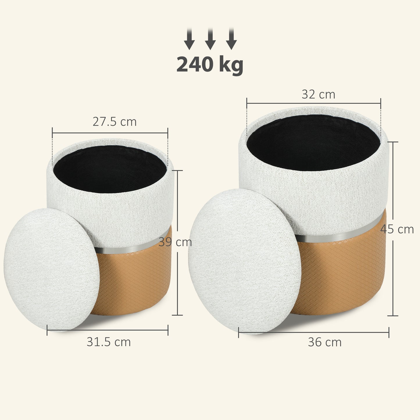 Round Storage Ottoman Set of 2, Nesting Footrest Stool, Cream & Brown