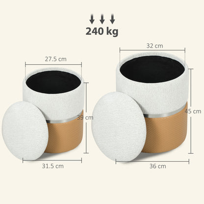 Round Storage Ottoman Set of 2, Nesting Footrest Stool, Cream & Brown