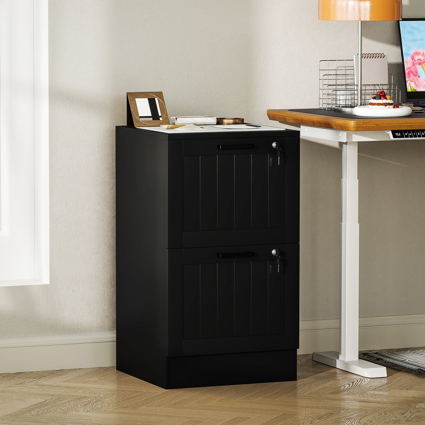 2 Drawer File Cabinet with Lock and Adjustable Hanging Bars, Black