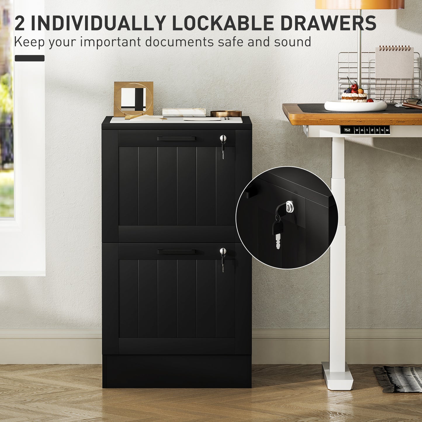2 Drawer File Cabinet with Lock and Adjustable Hanging Bars, Black