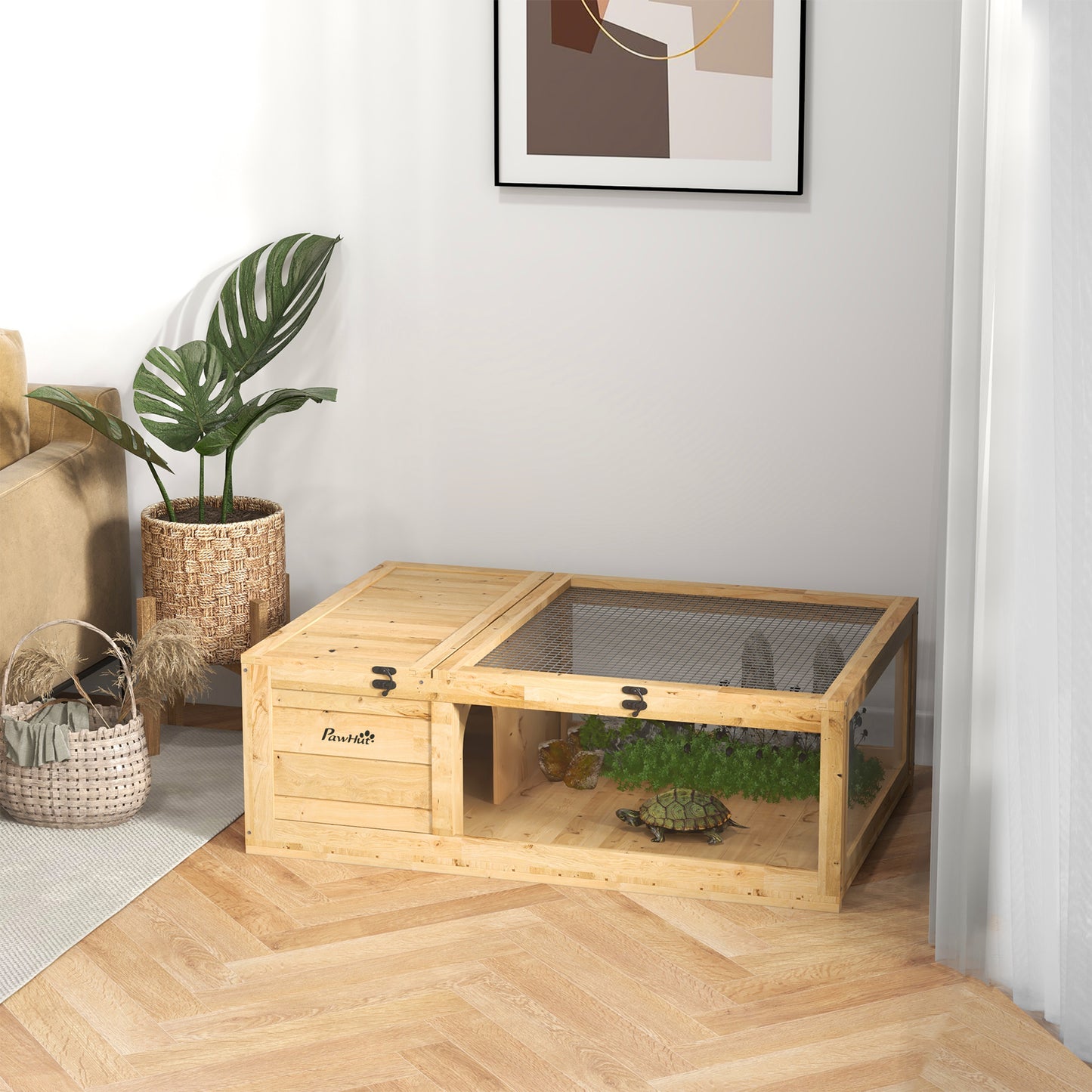 Tortoise House w/ Mesh Roof, Small Pet Reptile Wooden House - Yellow