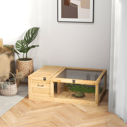 Tortoise House w/ Mesh Roof, Small Pet Reptile Wooden House - Yellow