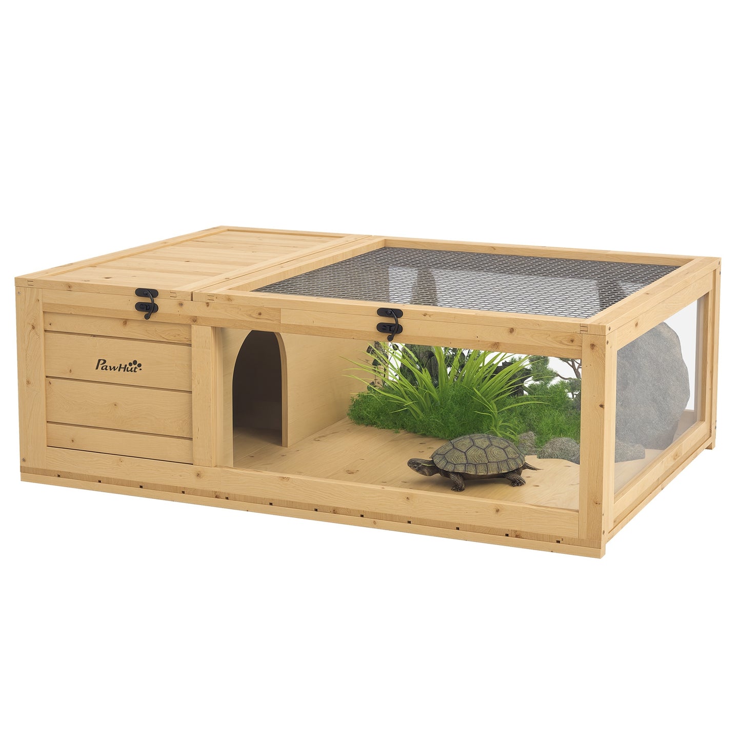 Tortoise House w/ Mesh Roof, Small Pet Reptile Wooden House - Yellow