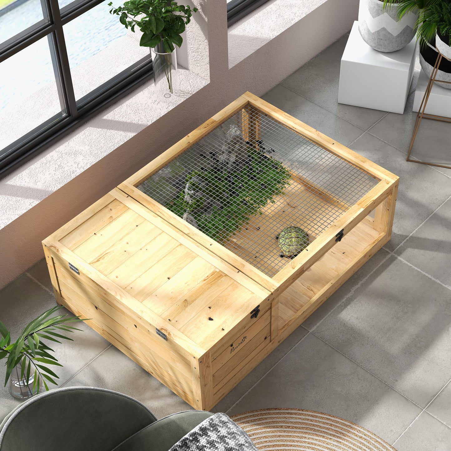 Tortoise House w/ Mesh Roof, Small Pet Reptile Wooden House - Yellow