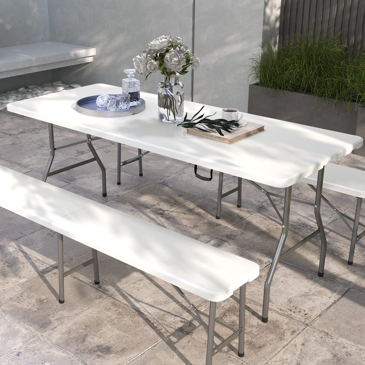 Folding Garden Table, Patio Table with Metal Frame, White