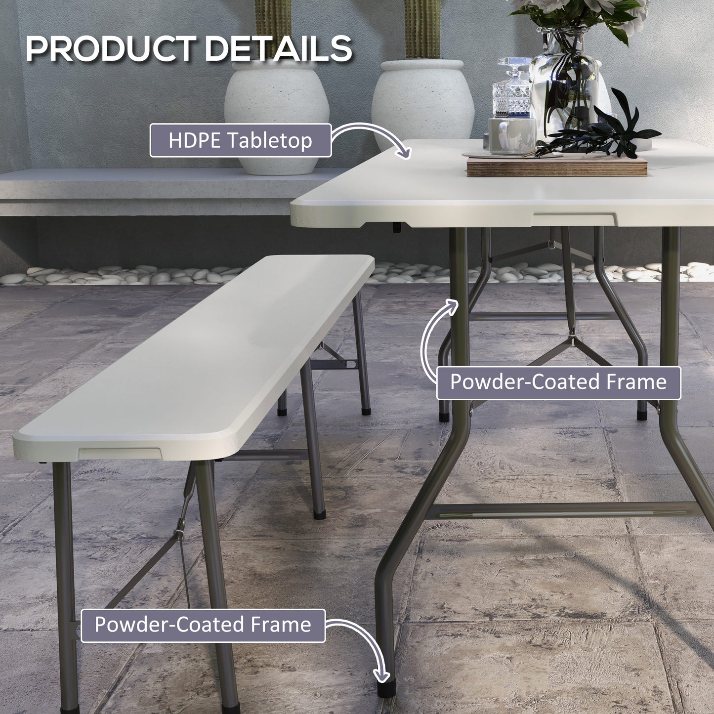 Folding Garden Table, Patio Table with Metal Frame, White