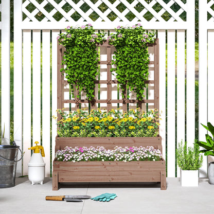 2-Tier Wooden Raised Bed with Trellis and Drainage Holes, Brown