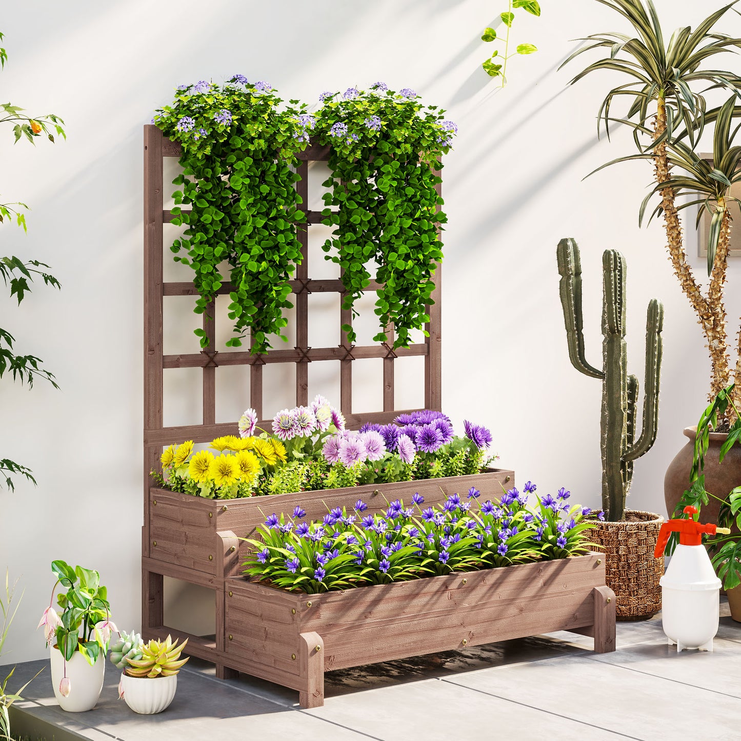 2-Tier Wooden Raised Bed with Trellis and Drainage Holes, Brown