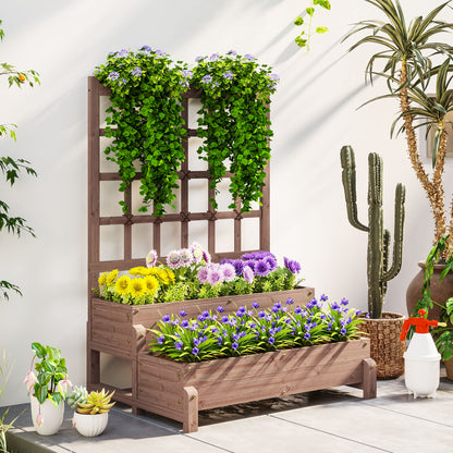 2-Tier Wooden Raised Bed with Trellis and Drainage Holes, Brown