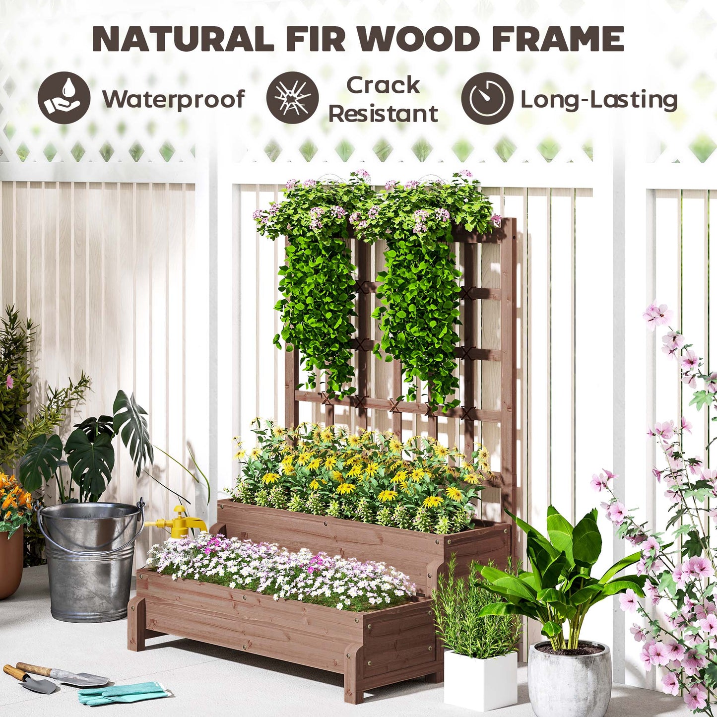 2-Tier Wooden Raised Bed with Trellis and Drainage Holes, Brown