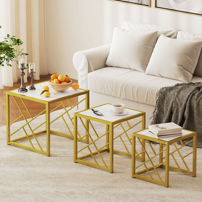 Set of 3 Nesting Coffee Tables Square End Tables w/ Metal Frame White