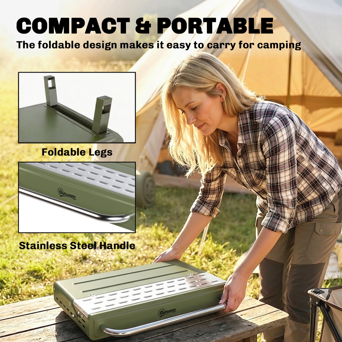 Portable Barbecue Grill with Adjustable Grates for Camping, Green