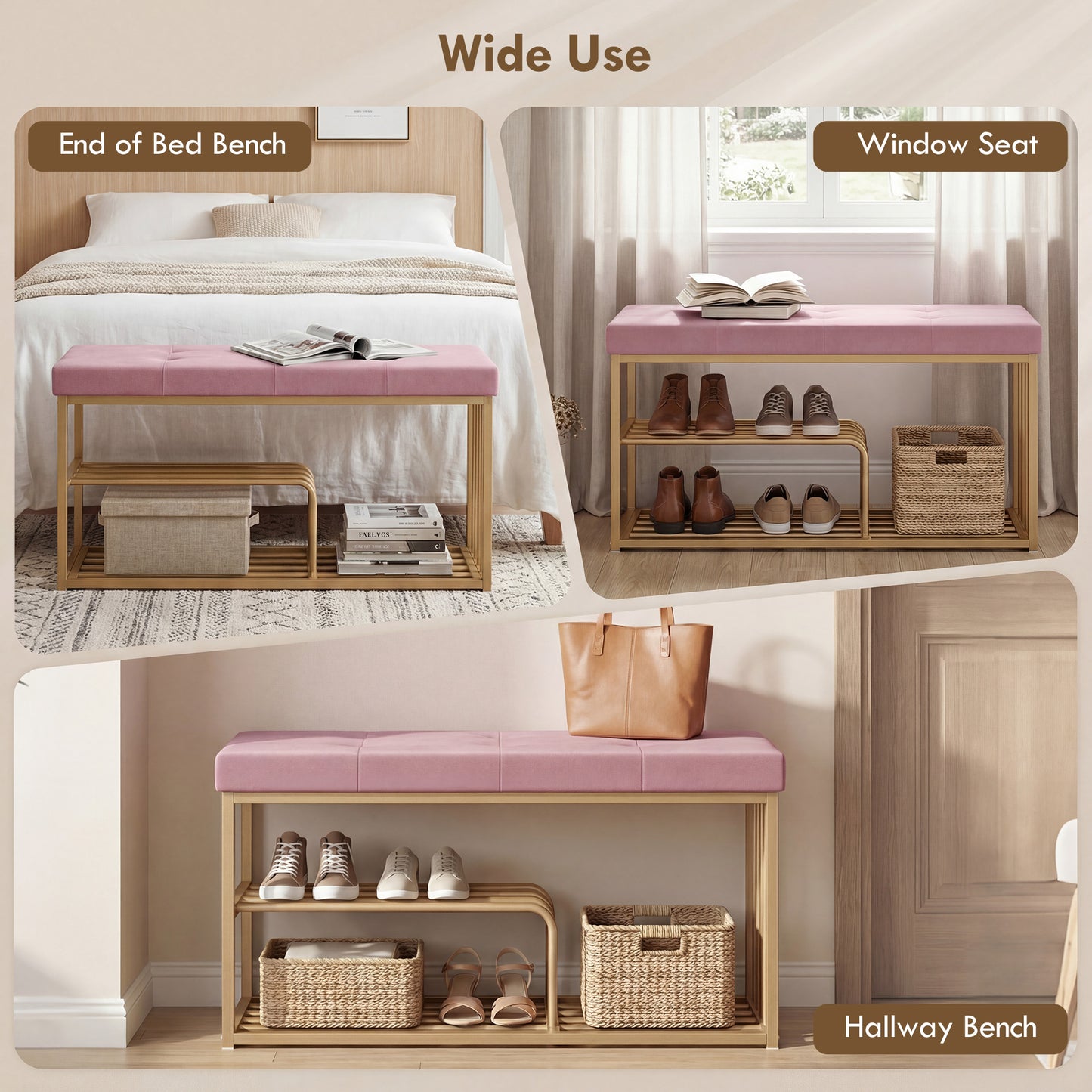 Shoe Storage Bench with Seat Cushion Tufted Shoe Rack Bench Pink