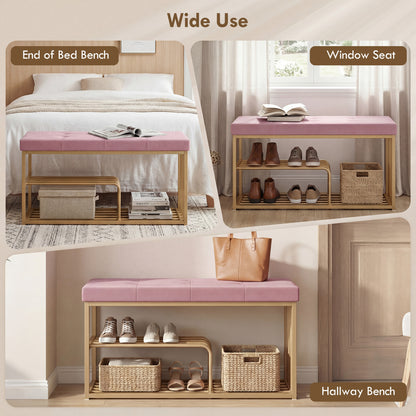 Shoe Storage Bench with Seat Cushion Tufted Shoe Rack Bench Pink