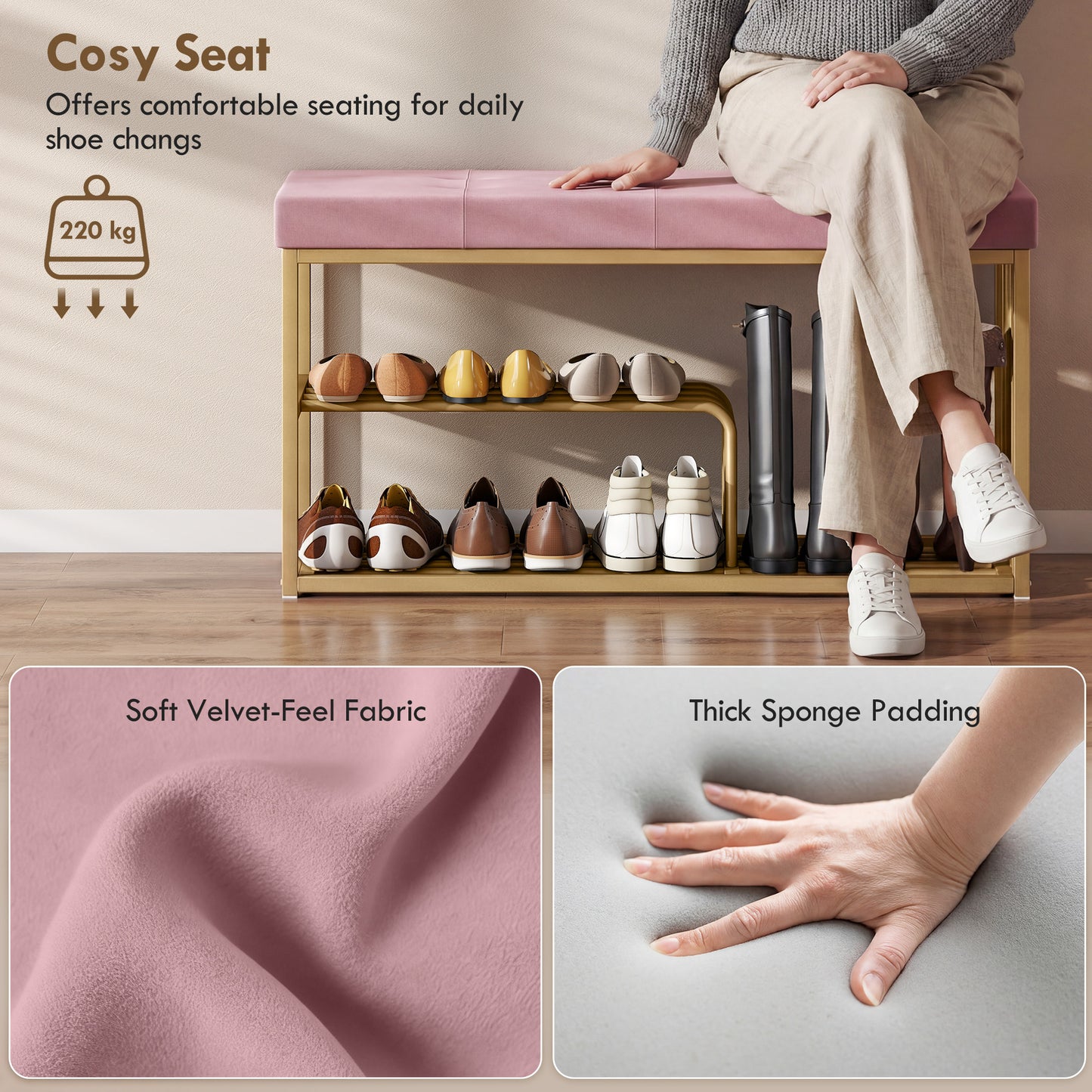 Shoe Storage Bench with Seat Cushion Tufted Shoe Rack Bench Pink