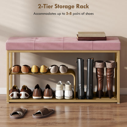 Shoe Storage Bench with Seat Cushion Tufted Shoe Rack Bench Pink