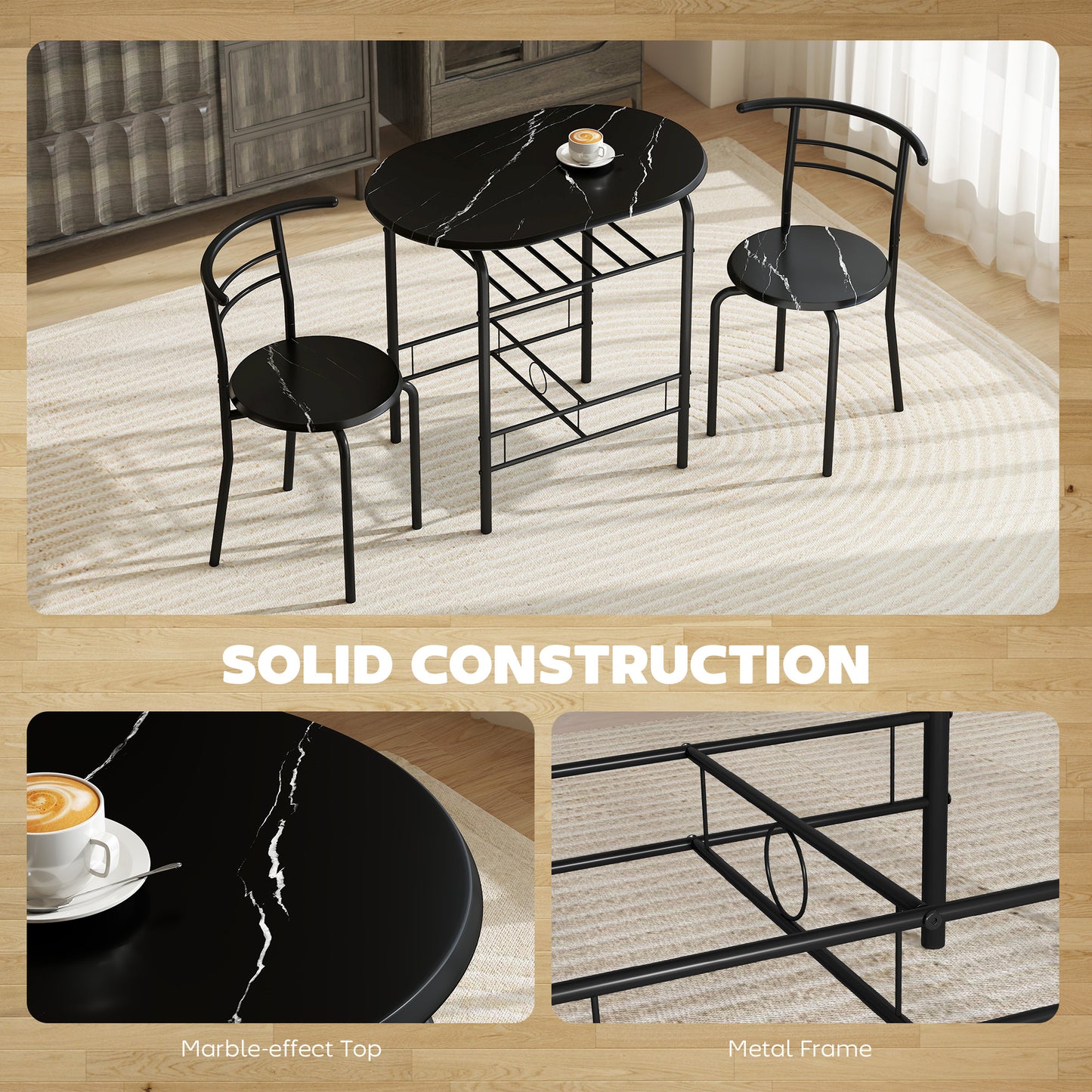 Breakfast Bar Table and Stools Set, Dining Room Set with Shelf, Black