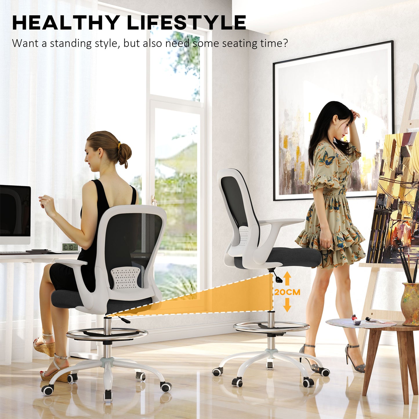 Mesh Draughtsman Chair, Ergonomic Drafting Chair, Black White