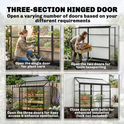 Polycarbonate Greenhouse with 3 Doors, Aluminium Walk-in Greenhouse