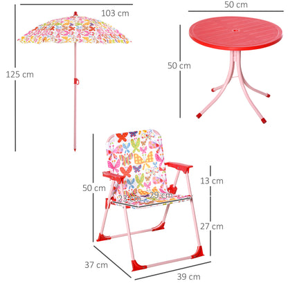 Kids Folding Picnic Table Chair Set Butterfly Pattern Outdoor Parasol