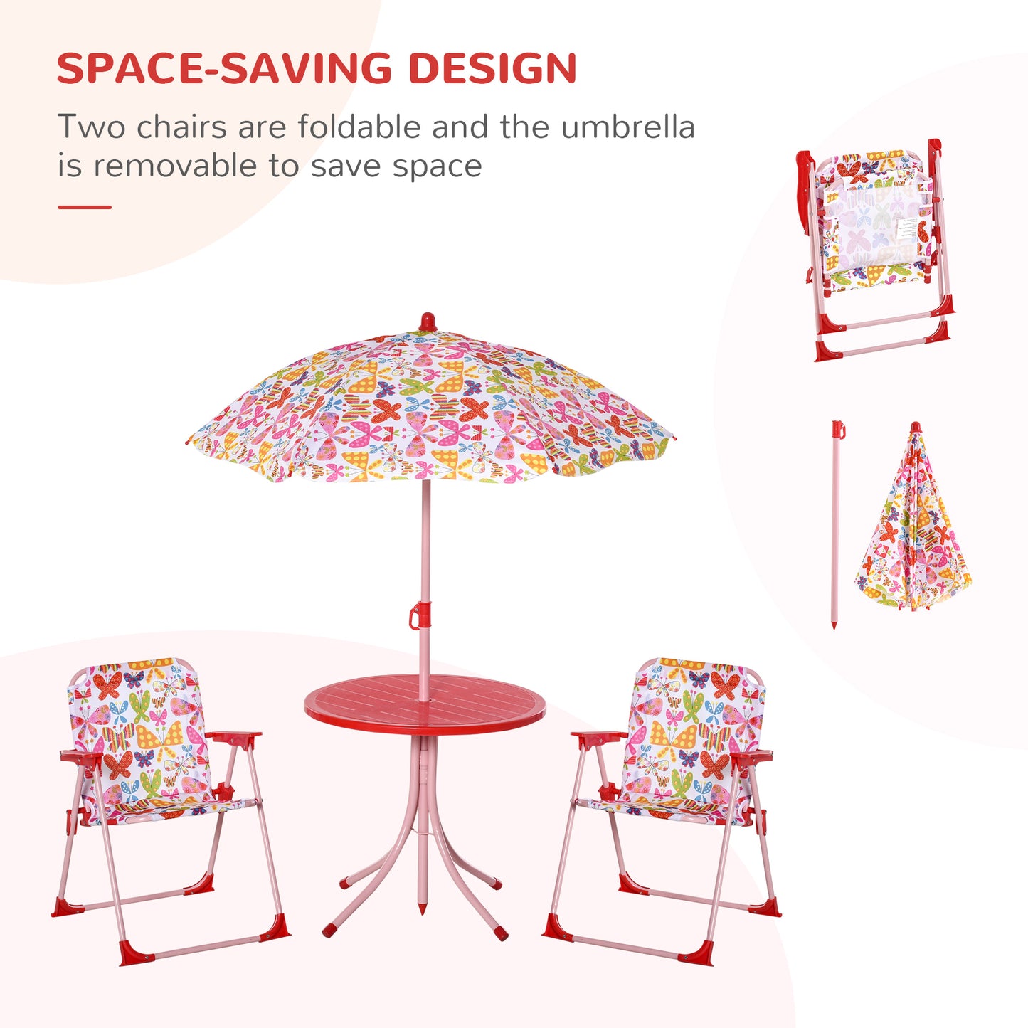 Kids Folding Picnic Table Chair Set Butterfly Pattern Outdoor Parasol