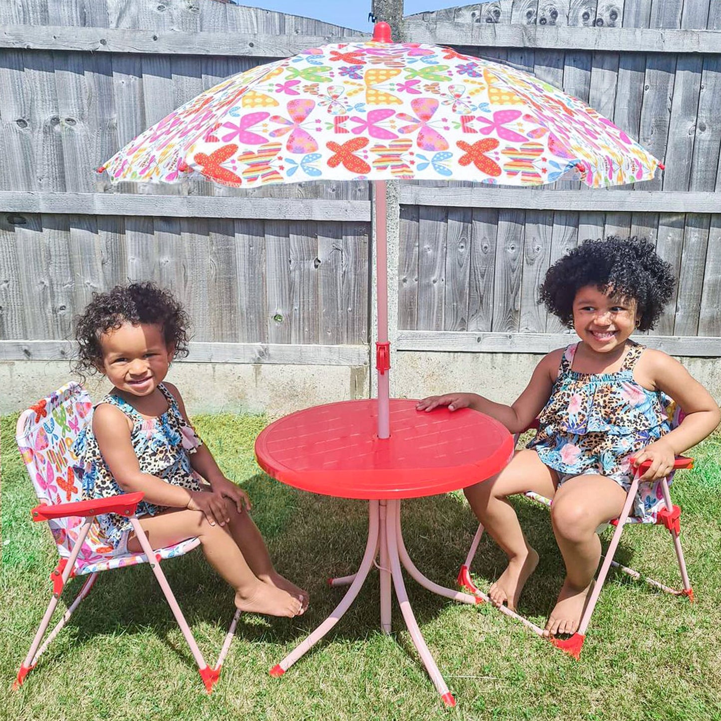 Kids Folding Picnic Table Chair Set Butterfly Pattern Outdoor Parasol