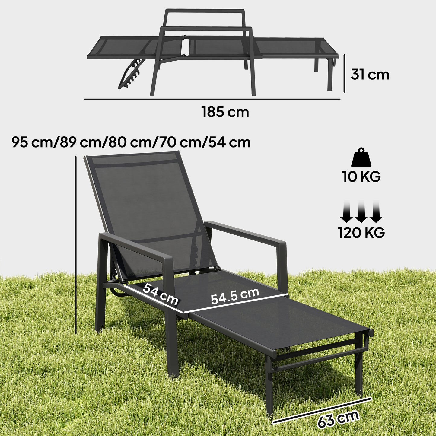 Sun Loungers Set of 2 w/ Retractable Footrest 5-Position Adjustable