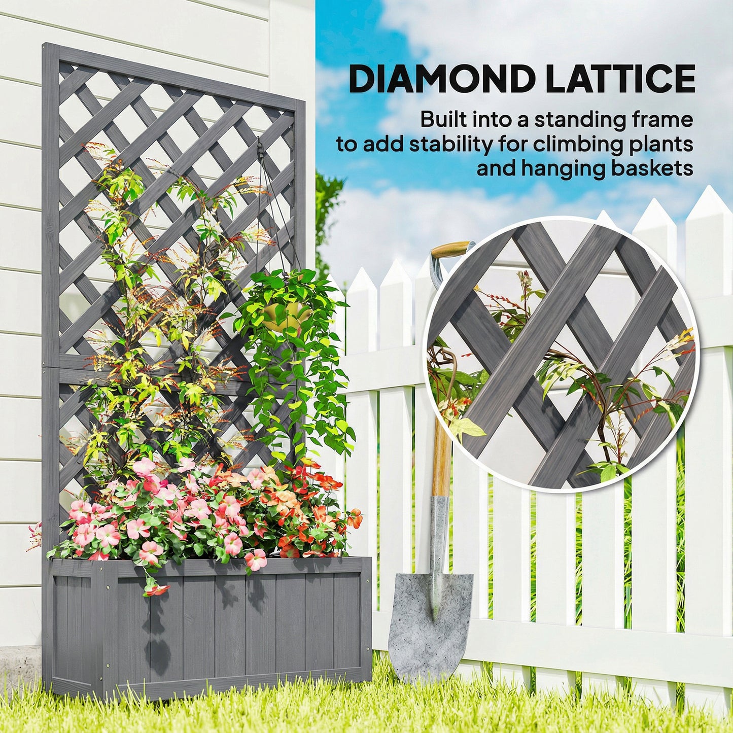 Wood Planter with Trellis for Climbing Plants, Grey