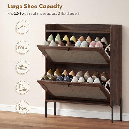 Boho Narrow Shoe Cabinet, Shoe Rack with 2 Flip Drawers, Dark Brown