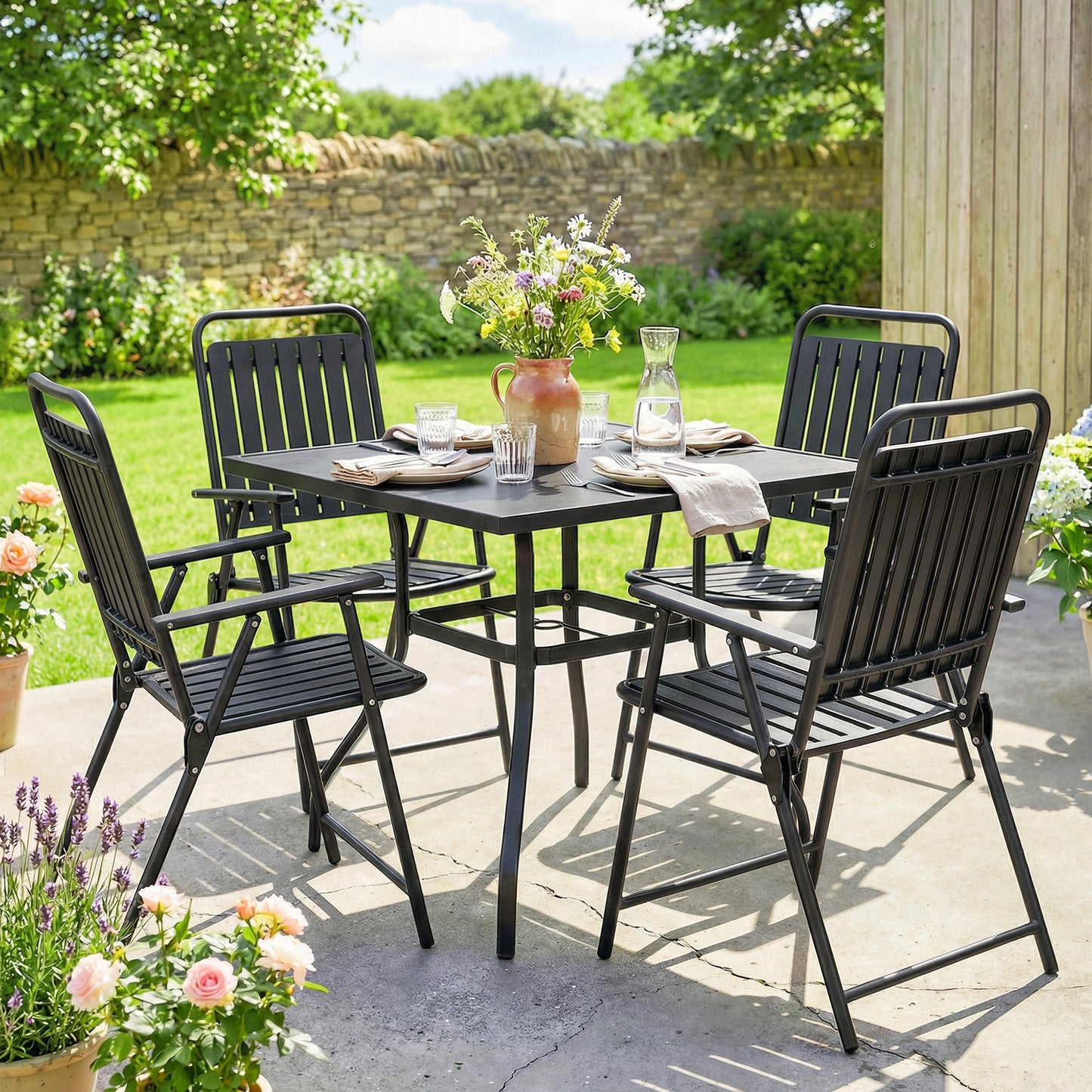 Folding Garden Chairs Set of 4 with Plastic Seat and Back, Black