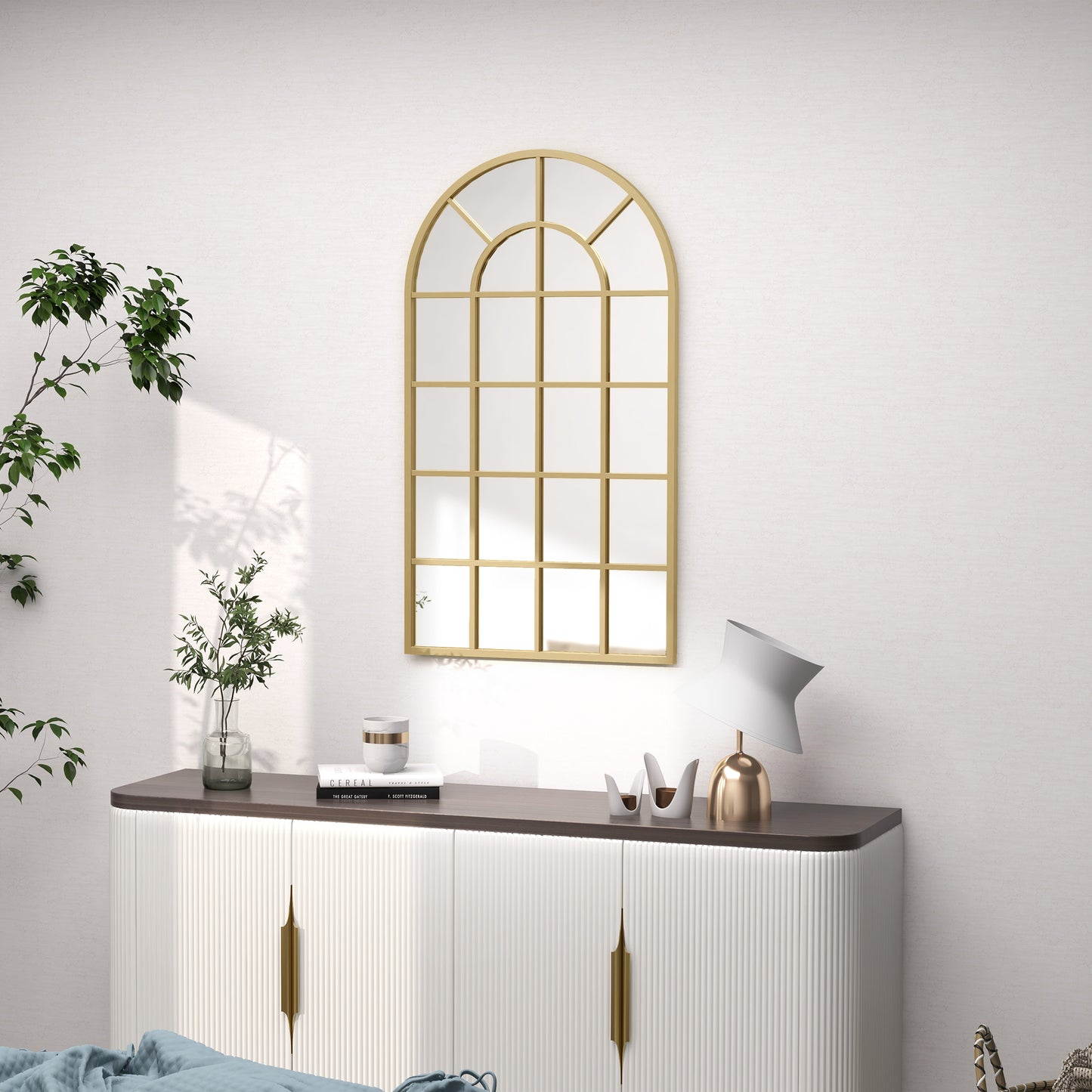 Modern Arch Window Wall Mirror for Living Room Bedroom, Gold Tone