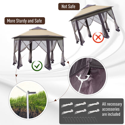 Outsunny Hexagon Patio Gazebo Pop Up Gazebo Outdoor Double Roof Instant Shelter with Netting, 4m x 4m, Beige