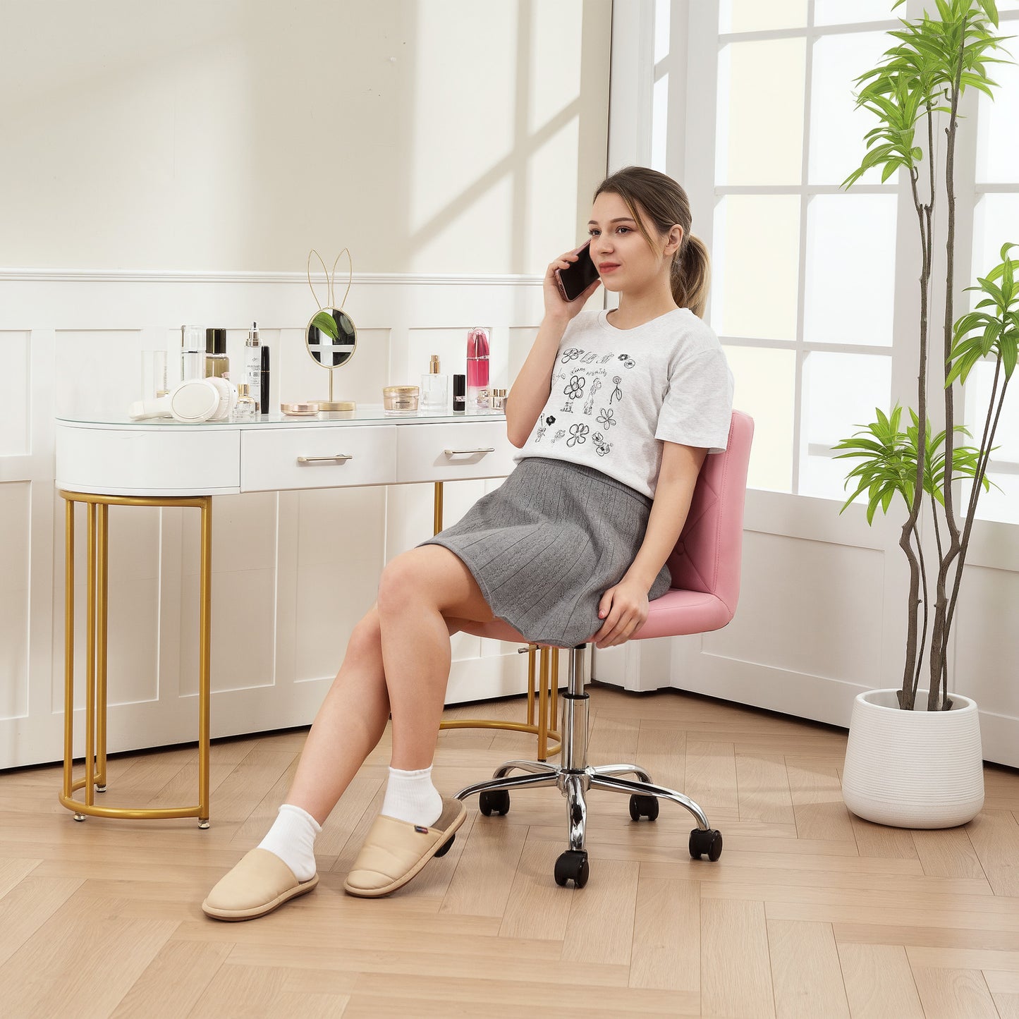 Modern Vanity Computer Desk Chair with Rolling Wheels, Pink