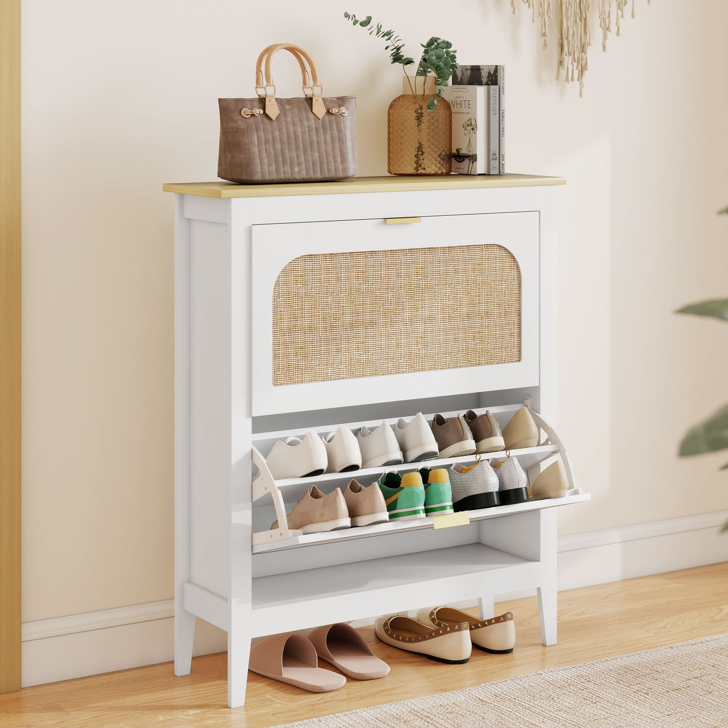 Shoe Storage Cabinet with 2 Flip Drawers, Boho Slim Shoe Cabinet with Rattan Doors for Entryway, Hallway, Holds 14 Pairs, White