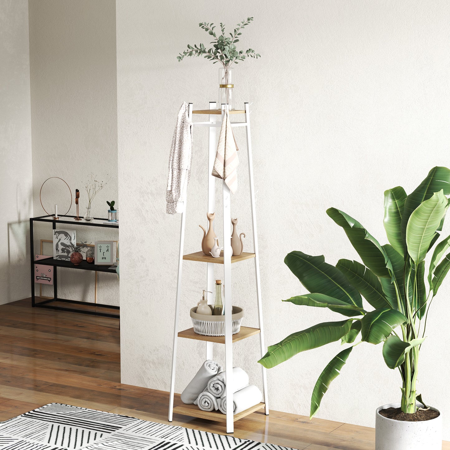 Clothes Rack with Storage, Garment Rack with 8 Hooks and 3-Tier Shelf