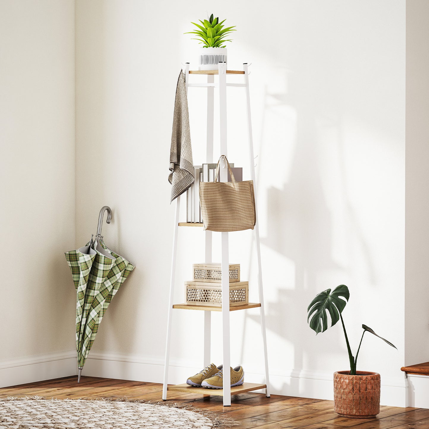 Clothes Rack with Storage, Garment Rack with 8 Hooks and 3-Tier Shelf