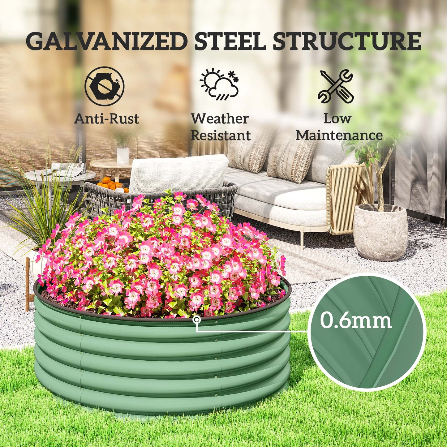 Galvanised Planter with Gloves, 120 x 120 x 43cm, Light Green